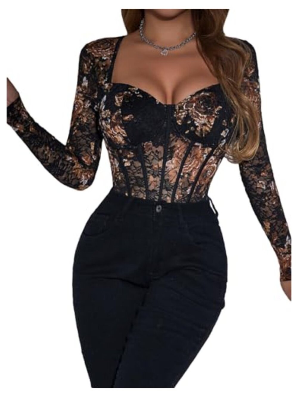 Sheer Floral Lace Long Sleeve Bodysuit Sweetheart Neck Slim Fit Top